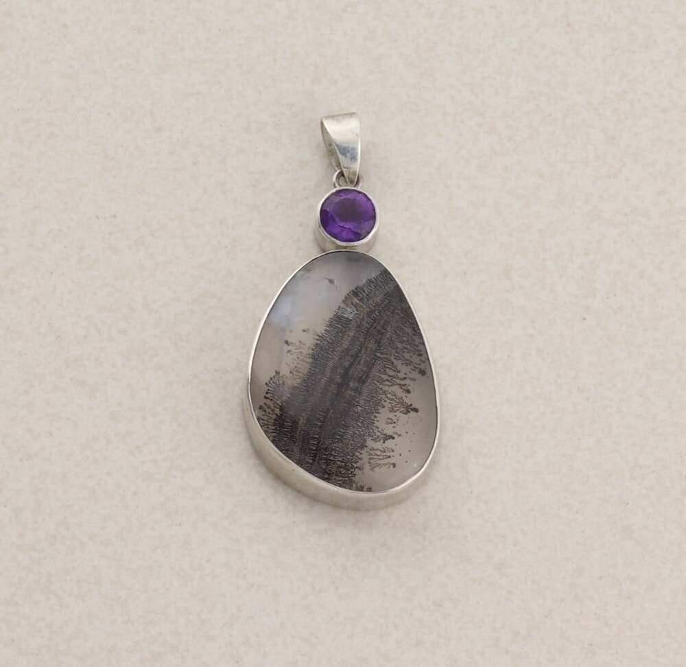Pendant Only Sterling Silver Dendritic Quartz & Amethyst Pendant 1 3/4" x 3/4"